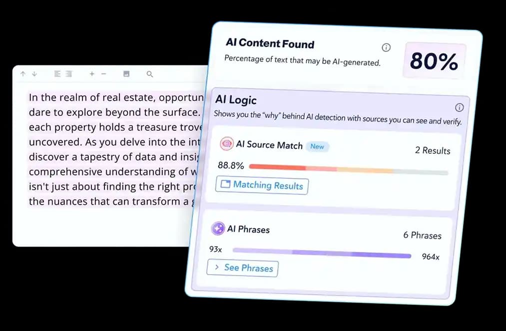 Copyleaks' AI Logic panel breaking down an 80% AI verdict into source matches and flagged phrases, as taken from the Copyleaks AI content detector page