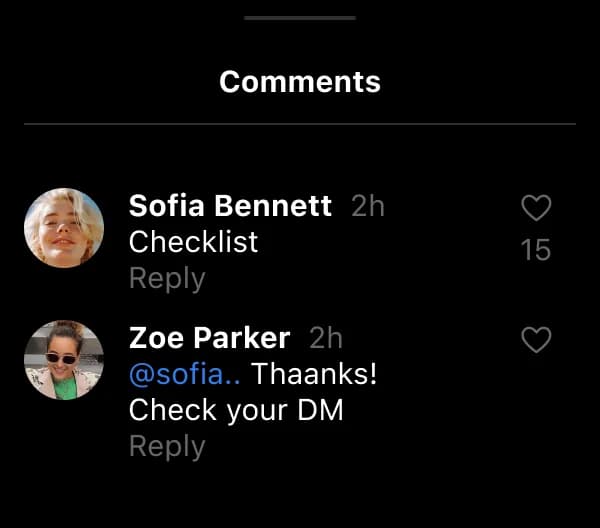 An Instagram comment thread where ManyChat replies and tells the follower to check their DMs, as taken from ManyChat