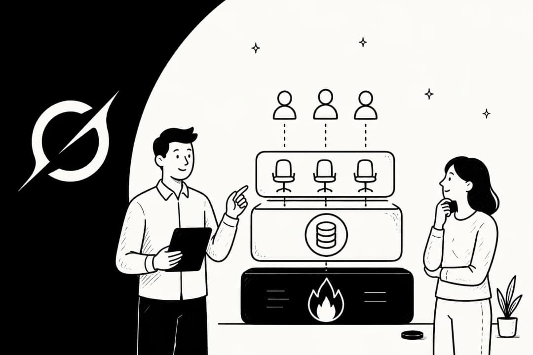 Illustration of two people reviewing a stack of cost layers, seats on top and token burn at the bottom, with the Grok mark at left