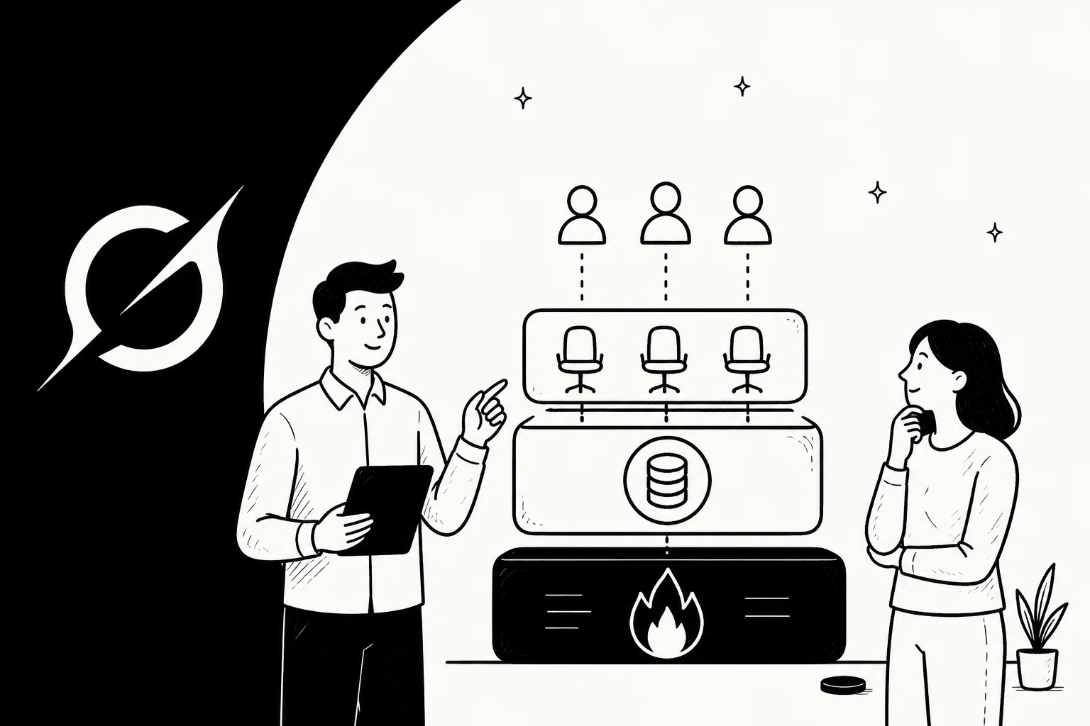Illustration of two people reviewing a stack of cost layers, seats on top and token burn at the bottom, with the Grok mark at left