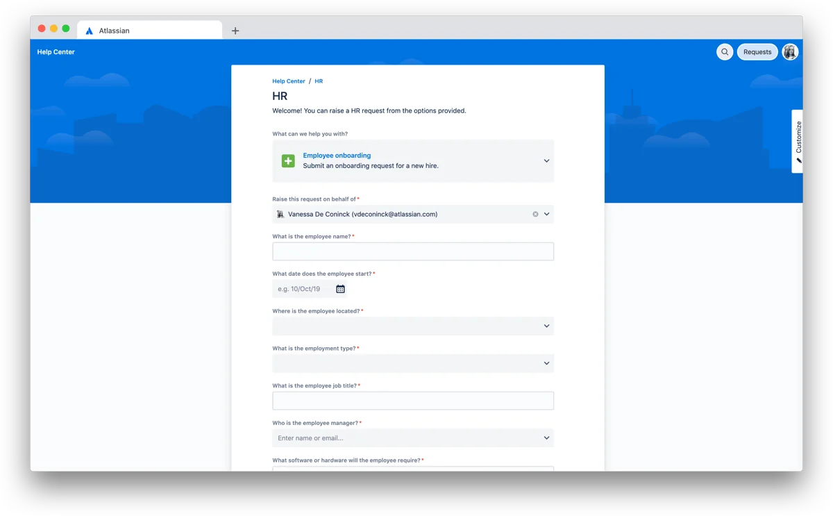 Jira Service Management help centre showing an HR onboarding request form with required fields, as taken from Atlassian