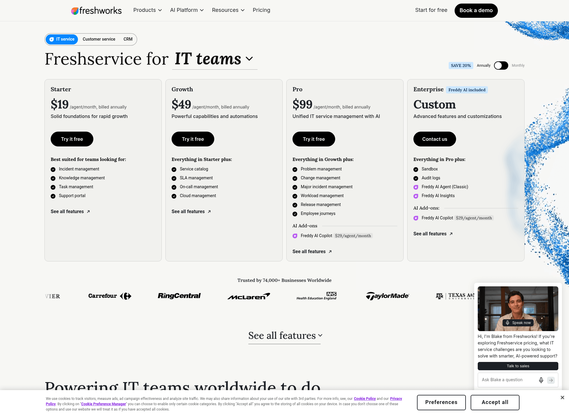 The Freshservice pricing page showing Starter, Growth, Pro and Enterprise tiers with Freddy AI add-ons, as taken from Freshworks