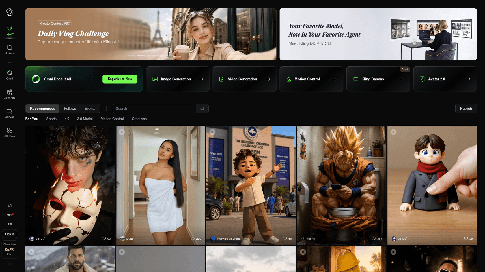 The Kling AI app, showing its Omni, Video Generation, and Motion Control tools with a community feed, as taken from Kling AI