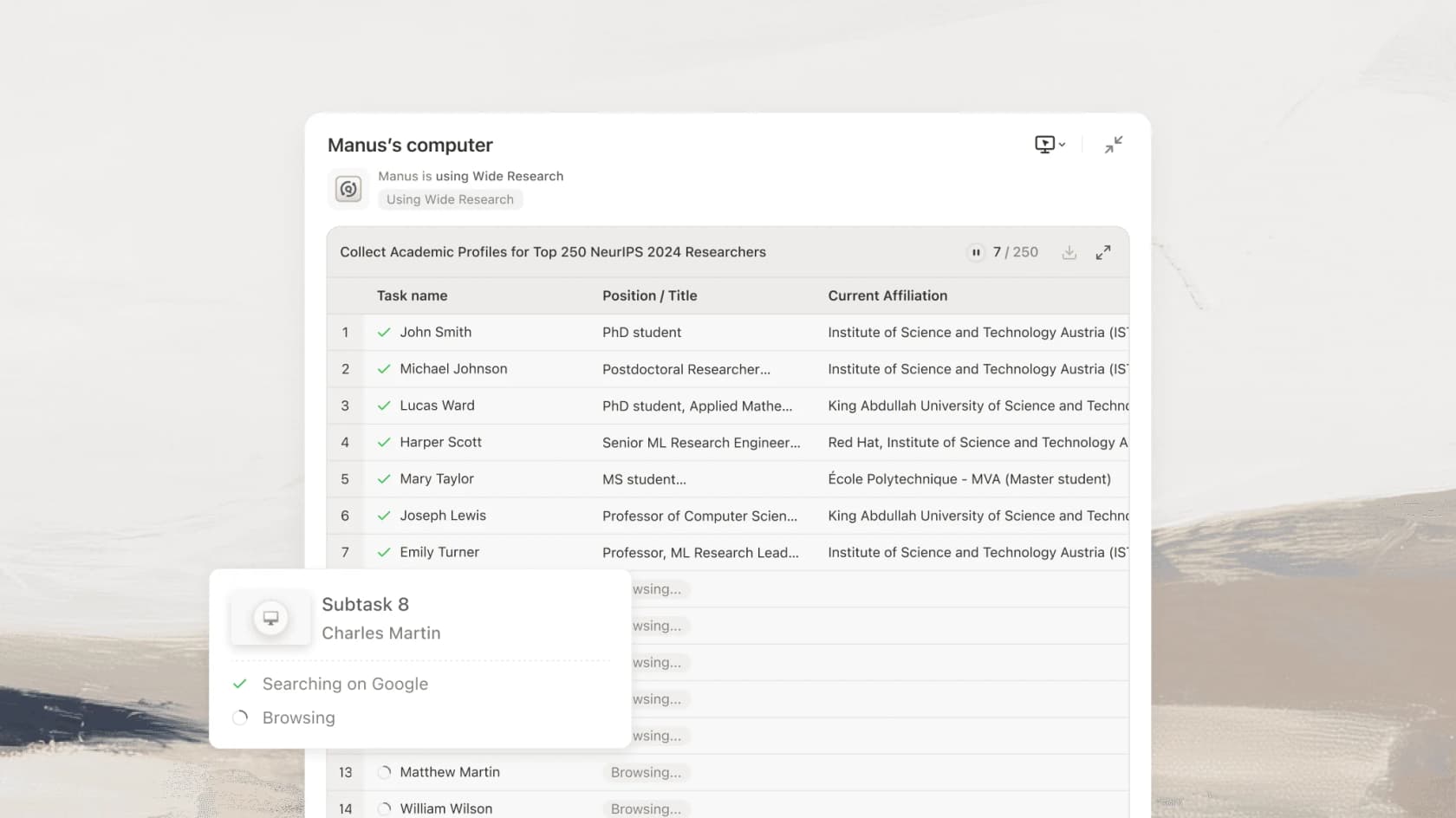 The Manus computer interface, showing an autonomous agent working through a multi-step task