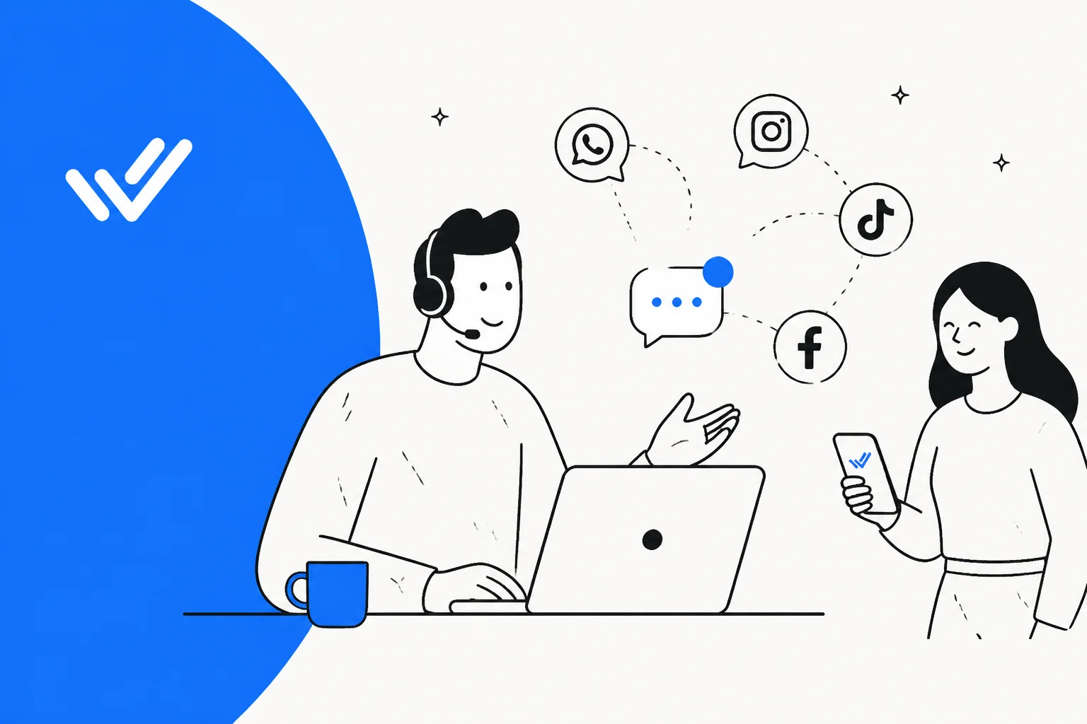 Respond.io pricing illustration showing a support agent handling WhatsApp, Instagram, TikTok and Facebook chats in one inbox