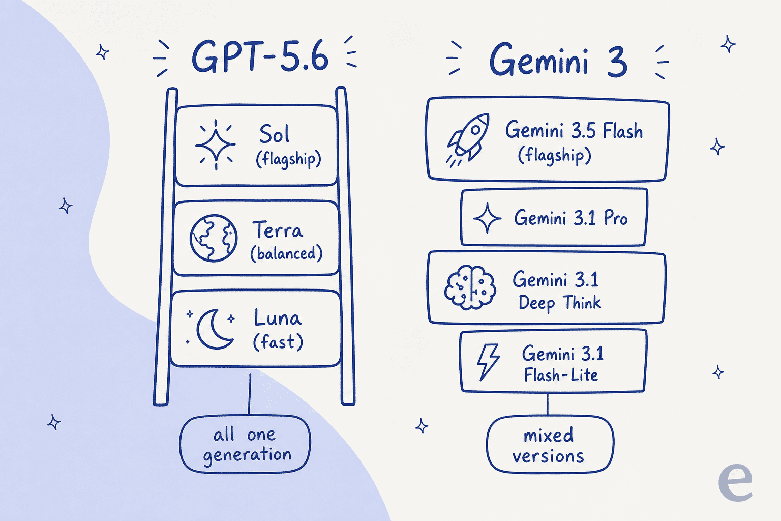 Two AI model lineups side by side: GPT-5.6 as a clean three-rung ladder of Sol, Terra and Luna, versus Gemini 3 as a mixed stack of Gemini 3.5 Flash, 3.1 Pro, 3.1 Deep Think and 3.1 Flash-Lite
