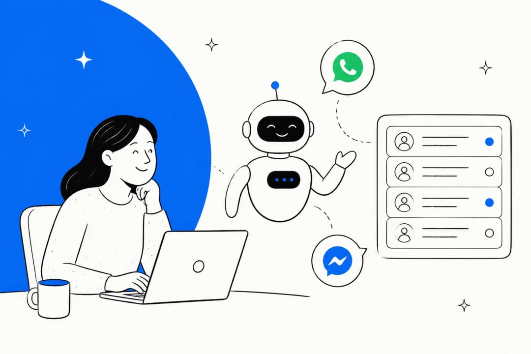 Hand-drawn illustration of a support agent at a laptop while a friendly AI robot passes WhatsApp and Messenger chats into a ticket queue