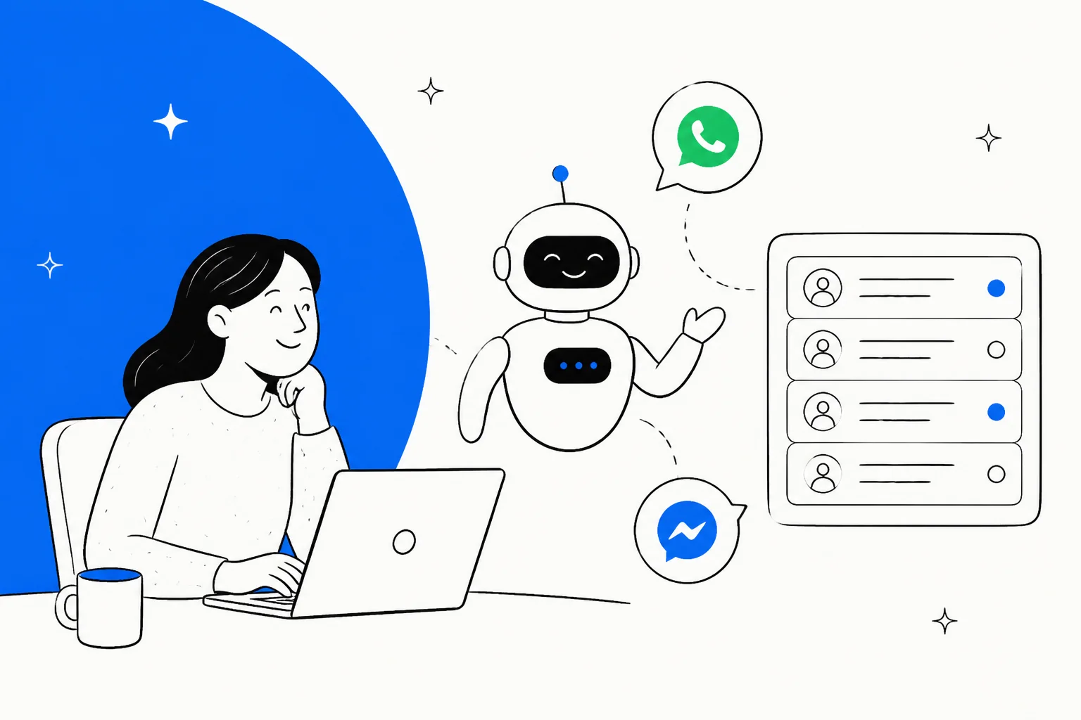 Hand-drawn illustration of a support agent at a laptop while a friendly AI robot passes WhatsApp and Messenger chats into a ticket queue