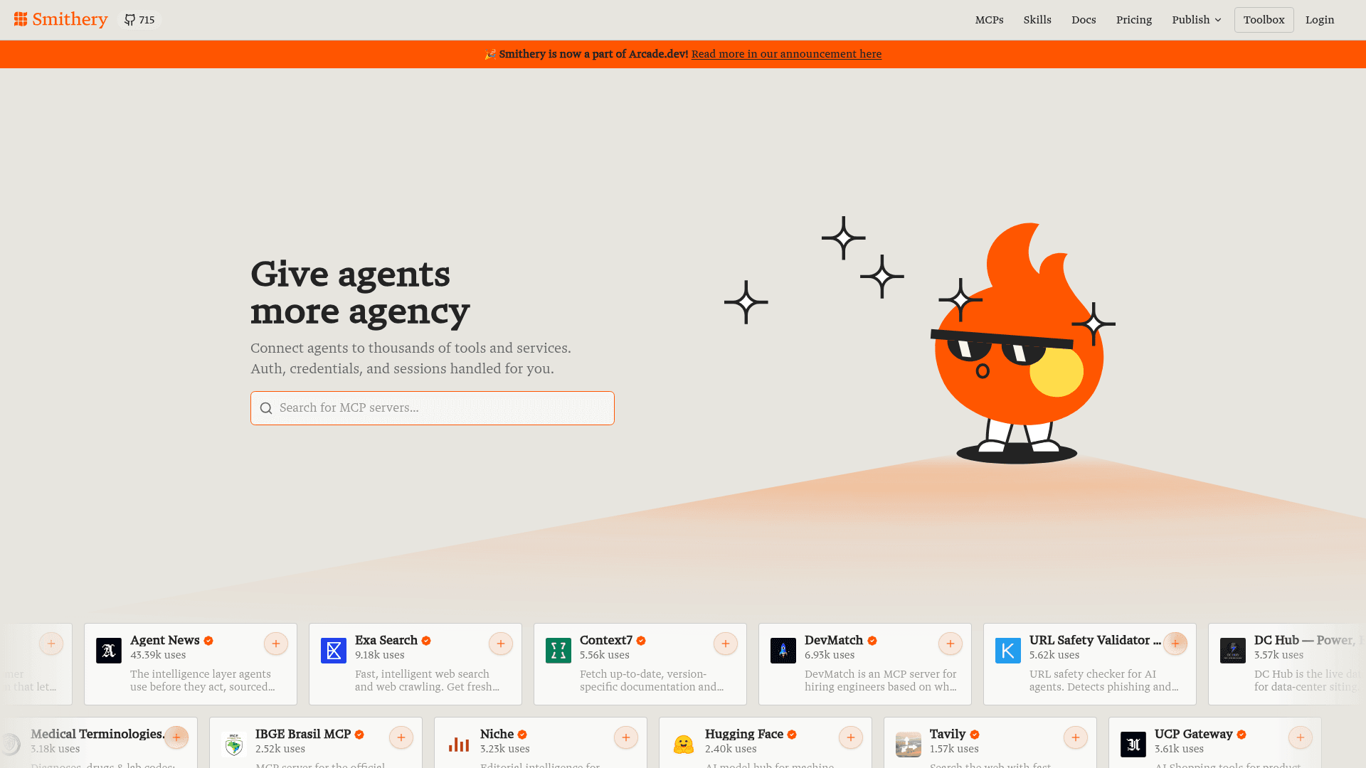 The Smithery homepage with the headline "Give agents more agency", a search box for MCP servers and a banner saying Smithery is now part of Arcade.dev, above cards for servers like Exa Search and Context7, as taken from Smithery