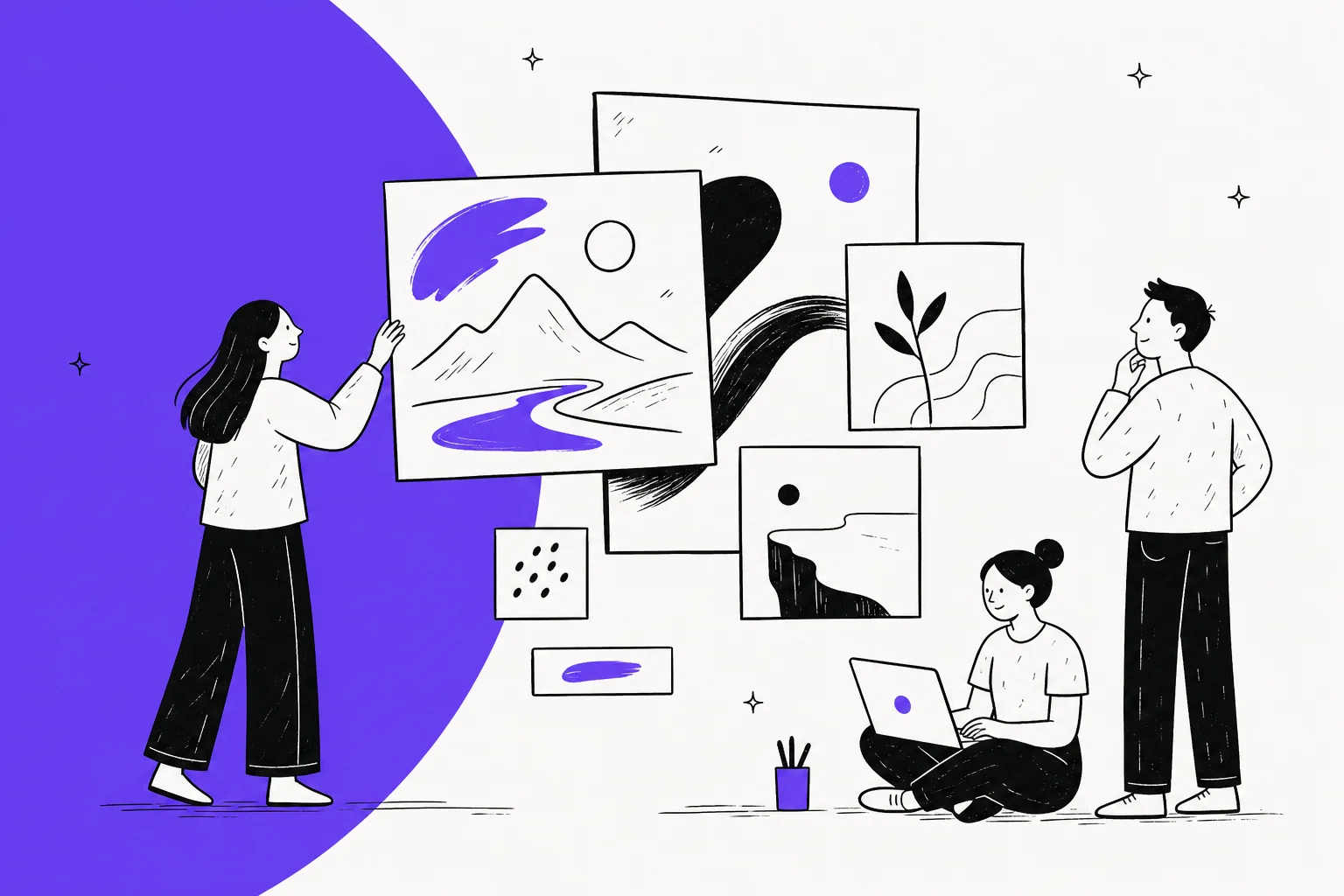 Illustration of a creative studio arranging AI-generated image panels, in violet and off-white