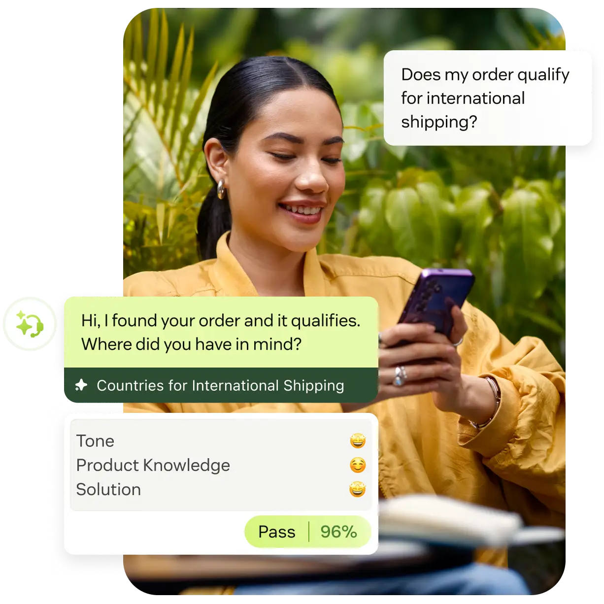 A Zendesk AI agent answering a customer question about international shipping eligibility, with AutoQA scoring the reply on tone, product knowledge and solution at a 96% pass