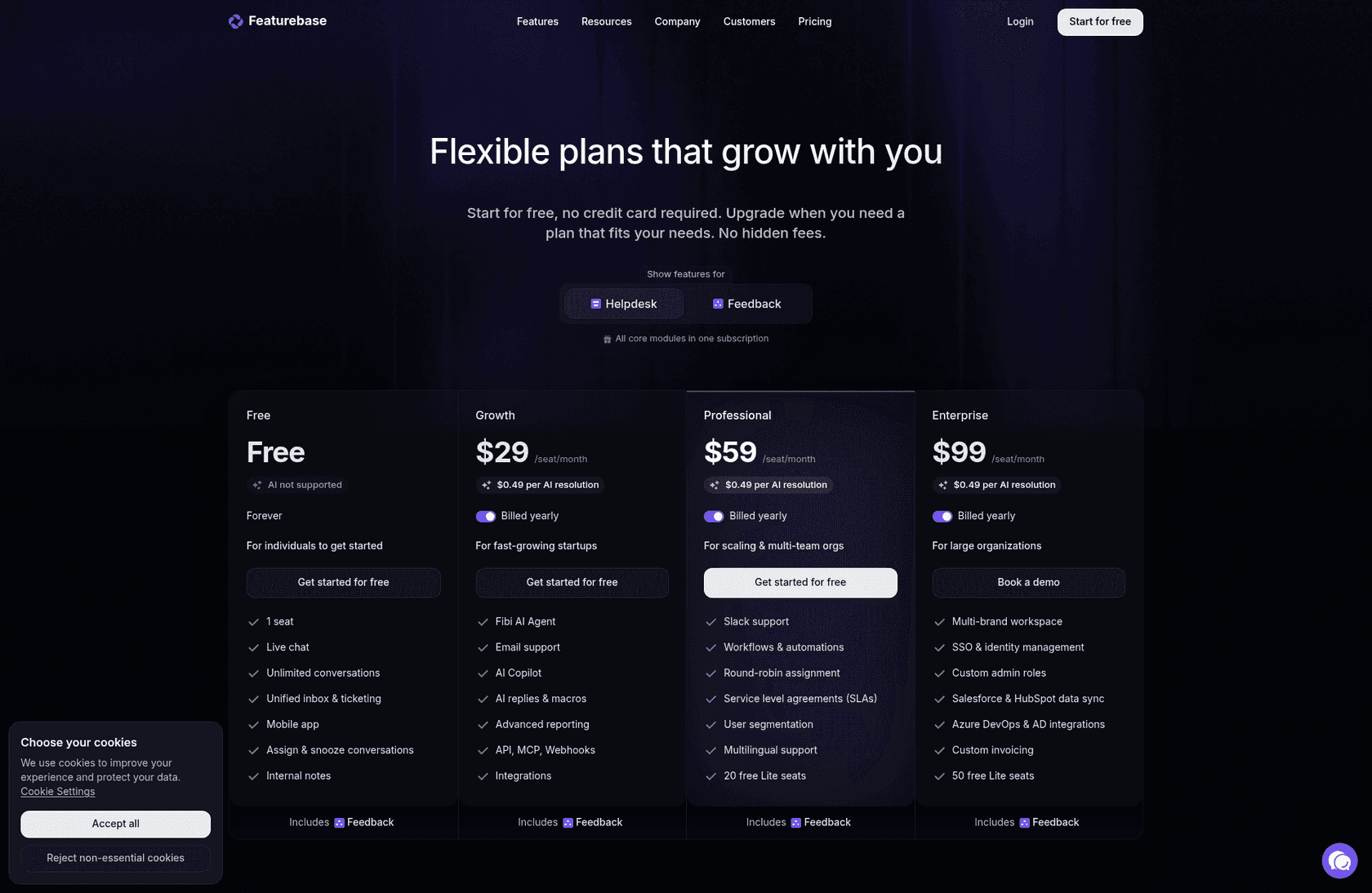 The Featurebase pricing page showing Free, Growth, Professional and Enterprise cards, each carrying a $0.49 per AI resolution badge, as taken from Featurebase