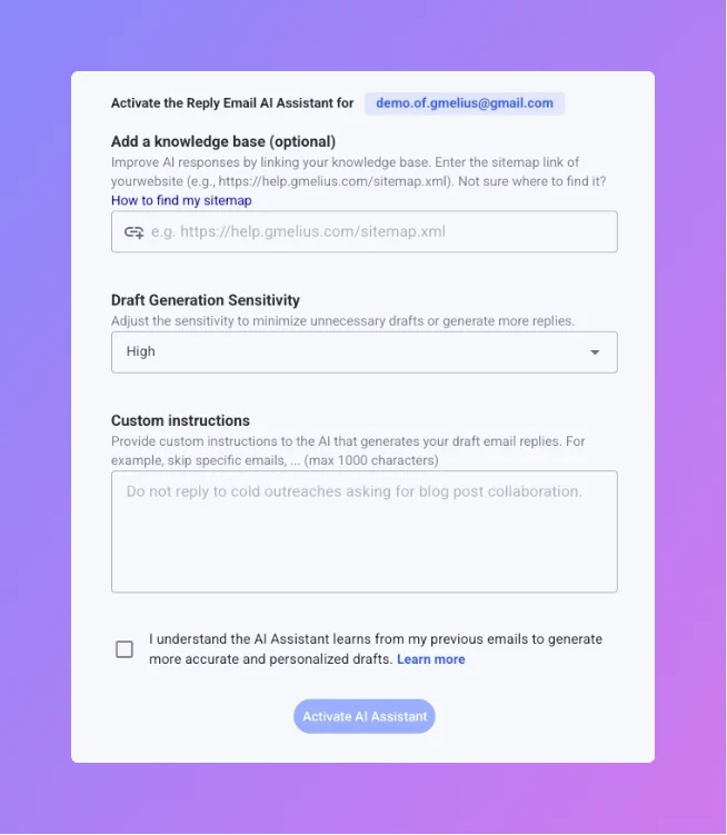 The Gmelius AI Draft Assistant activation panel showing a single sitemap field labelled Add a knowledge base, as taken from the Gmelius help center