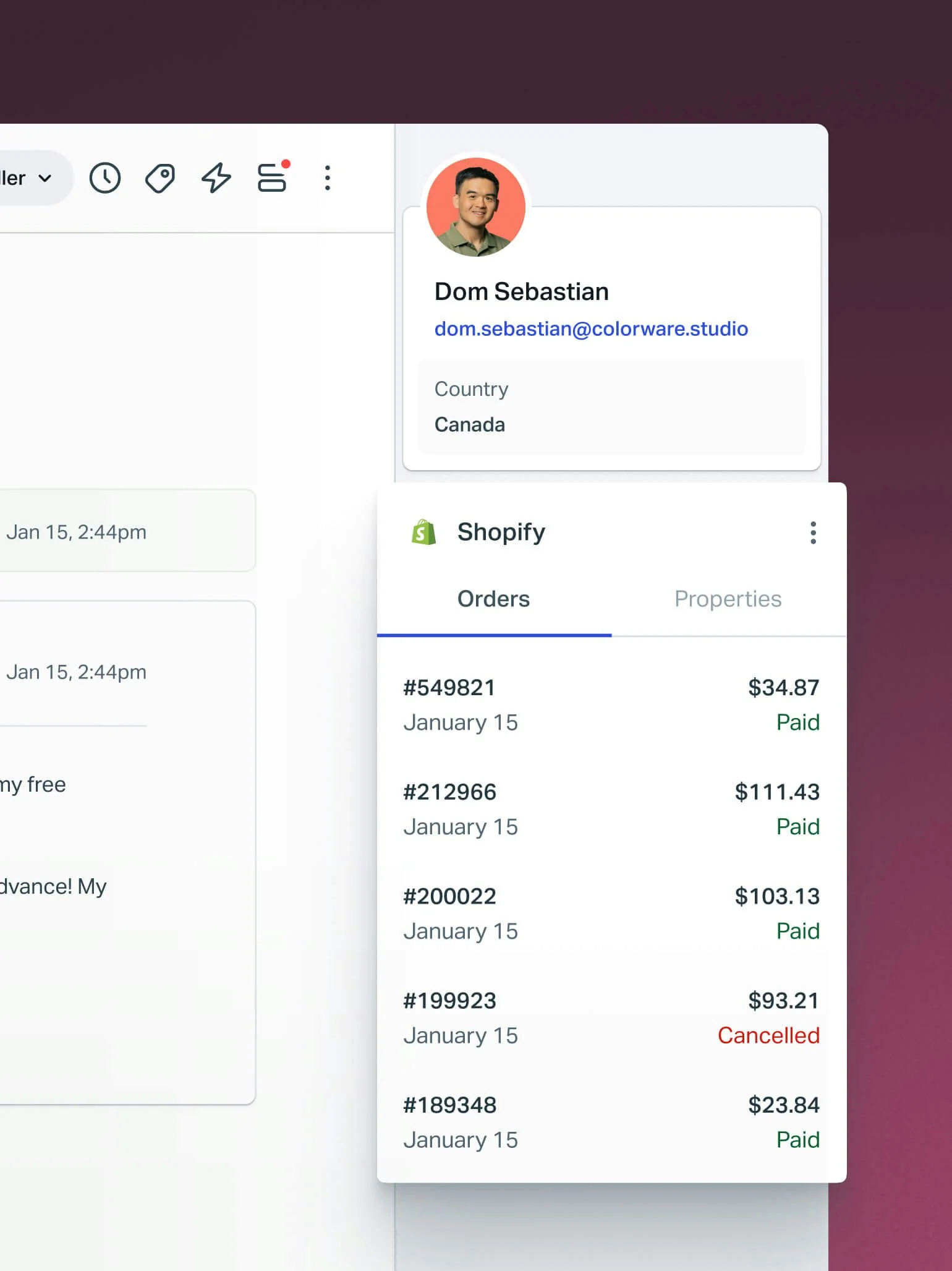 Help Scout's shared inbox with a customer profile and Shopify order history, as taken from Help Scout