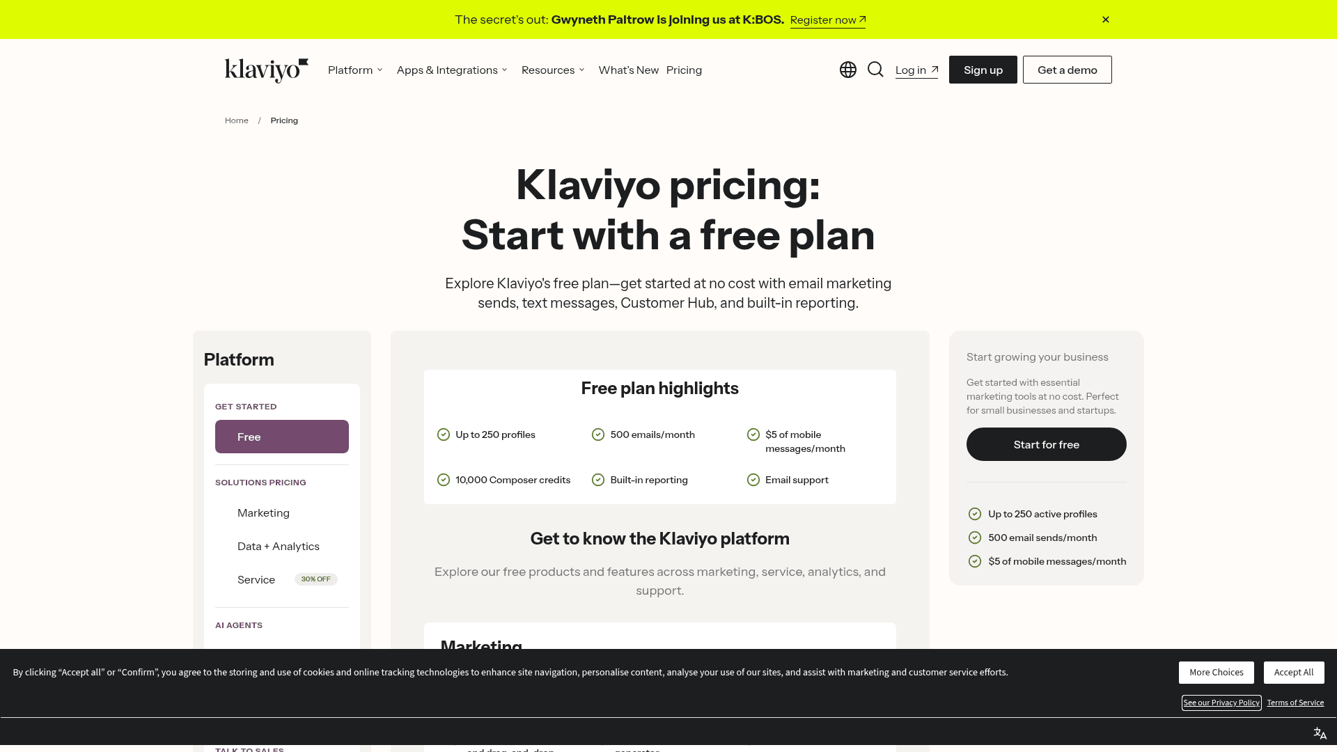The Klaviyo pricing page showing the free plan with profile, email and mobile message limits