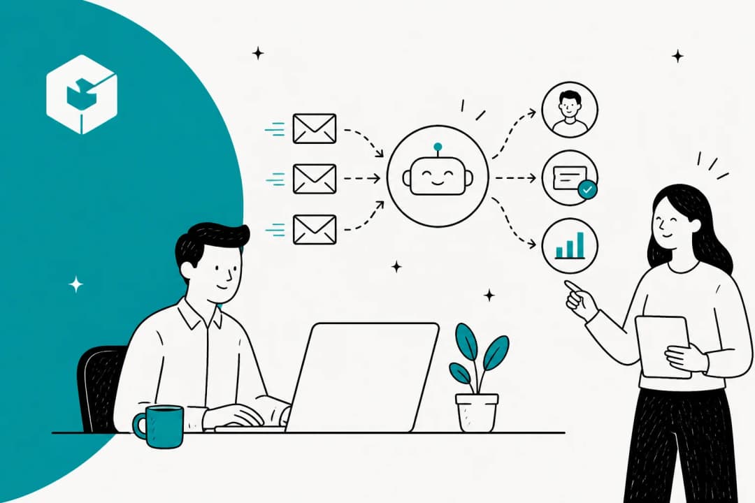 Illustration of inbound emails being cleaned and routed by an AI agent into a person, a reply, and an analytics chart