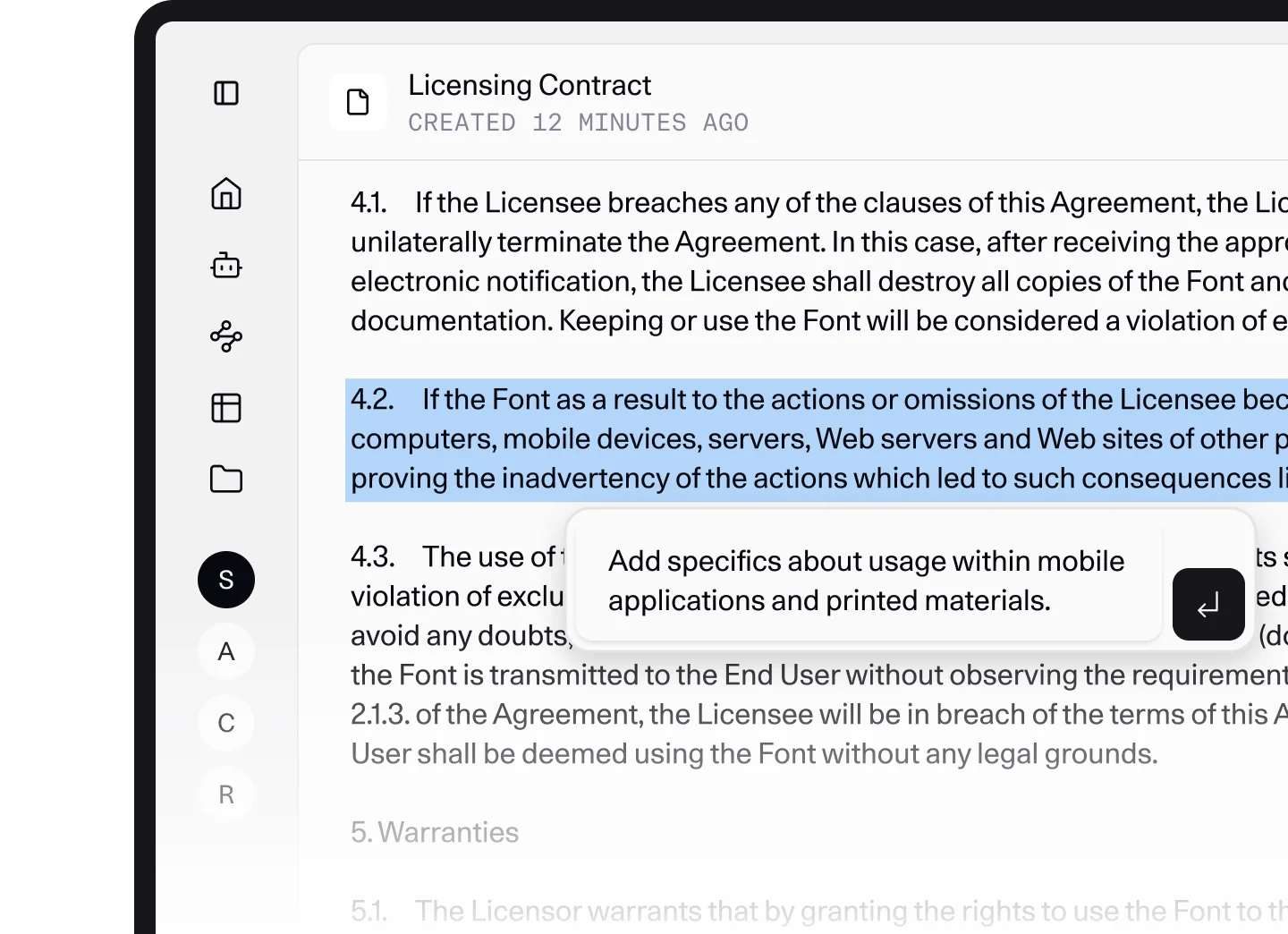 North's document editor with a licensing contract clause highlighted and an AI prompt asking to add specifics about mobile apps and printed materials, as taken from the Cohere North page