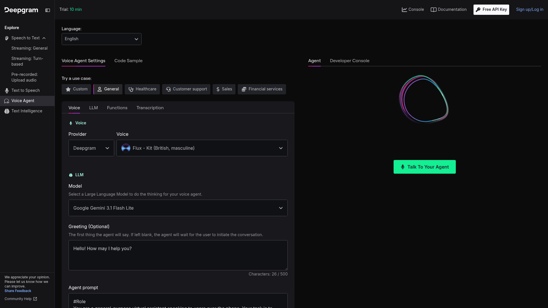 The Deepgram playground on the Voice Agent tab, with use-case presets for customer support, sales and healthcare, a Deepgram Flux voice selected, Google Gemini 3.1 Flash Lite as the LLM and a Talk To Your Agent button, as taken from Deepgram