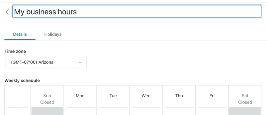 Zendesk schedule editor showing a named schedule with its own time zone and a weekly hours grid, as taken from Zendesk's help center