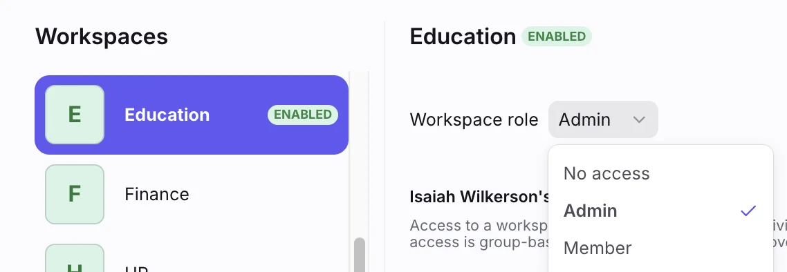 Front teammate settings with a workspace list and a Workspace role dropdown offering No access, Admin and Member, from Front's help center