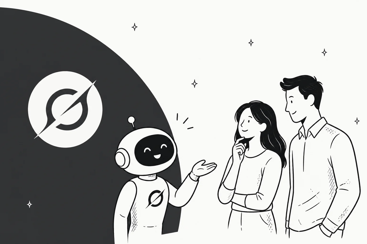 Grok Bot welcoming a new customer through onboarding, illustrated hero banner