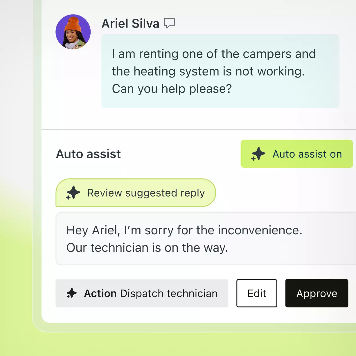 Zendesk Auto Assist reviewing a suggested reply with an Approve button and a Dispatch technician action, as taken from Zendesk