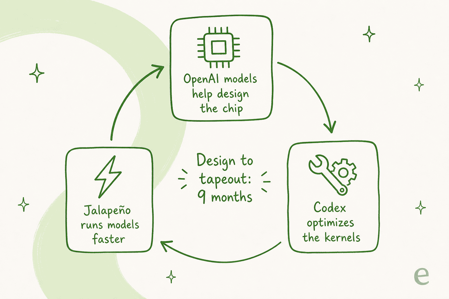 Loop diagram showing OpenAI models helping design the chip, Codex optimizing the kernels, and Jalapeño running models faster, in a nine-month cycle