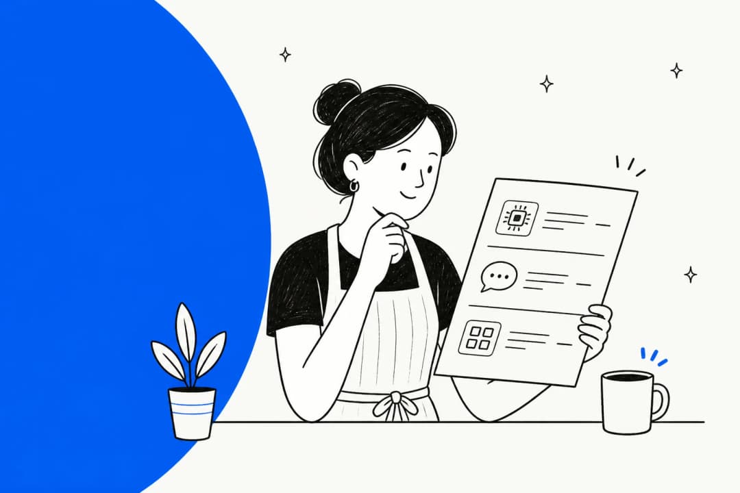 Hand-drawn illustration of a shop owner in an apron reading a monthly bill with three line items, next to a coffee mug and a potted plant