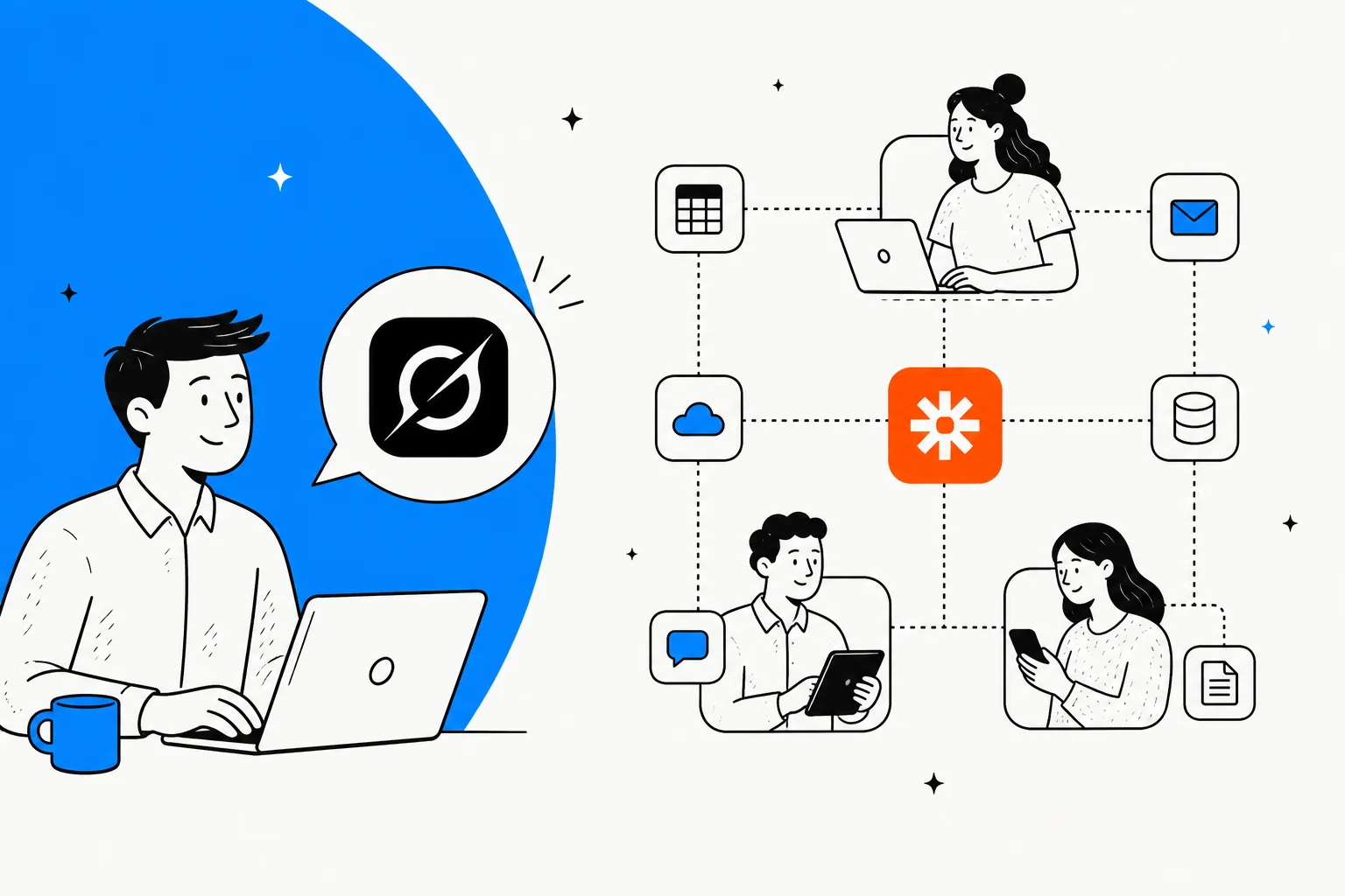 Grok Bot signing into your apps on one side and Zapier Agents built across a 9,000-app workflow grid on the other, split down the middle.