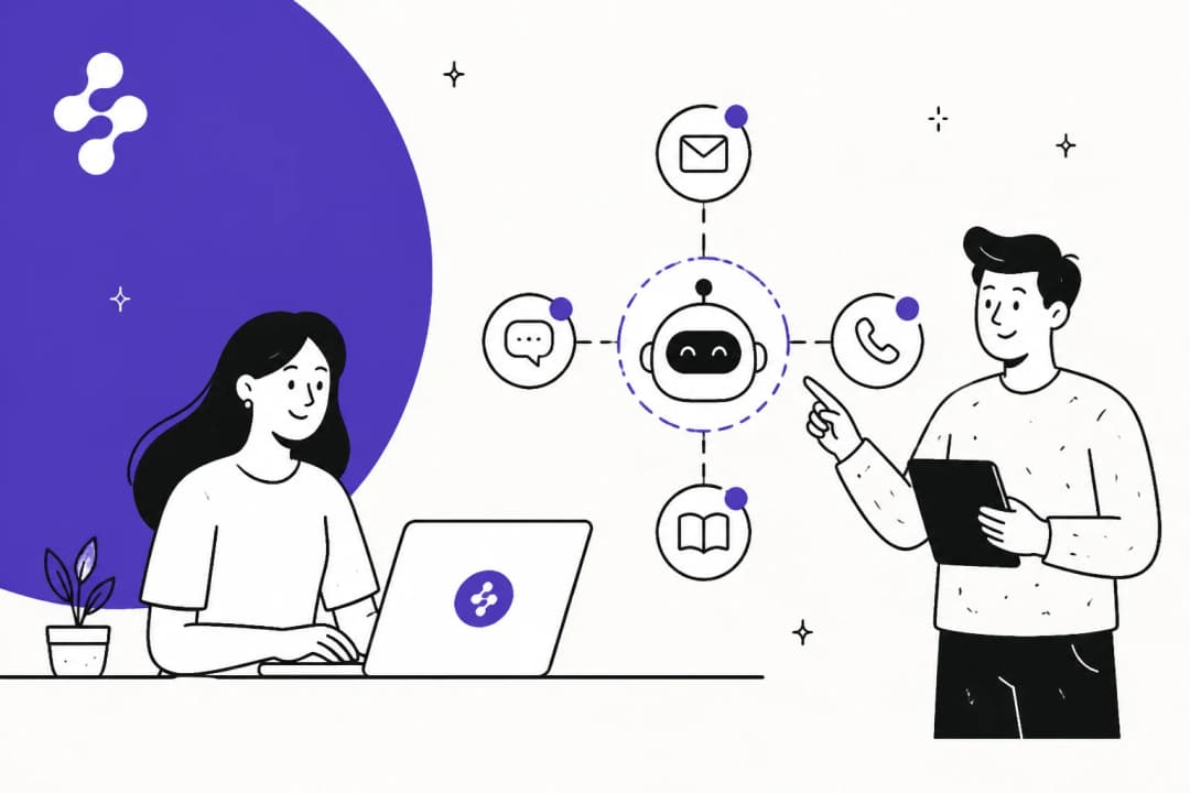 Two colleagues and an AI agent handling questions across email, chat, phone and documentation, drawn in Enjo's violet brand colour