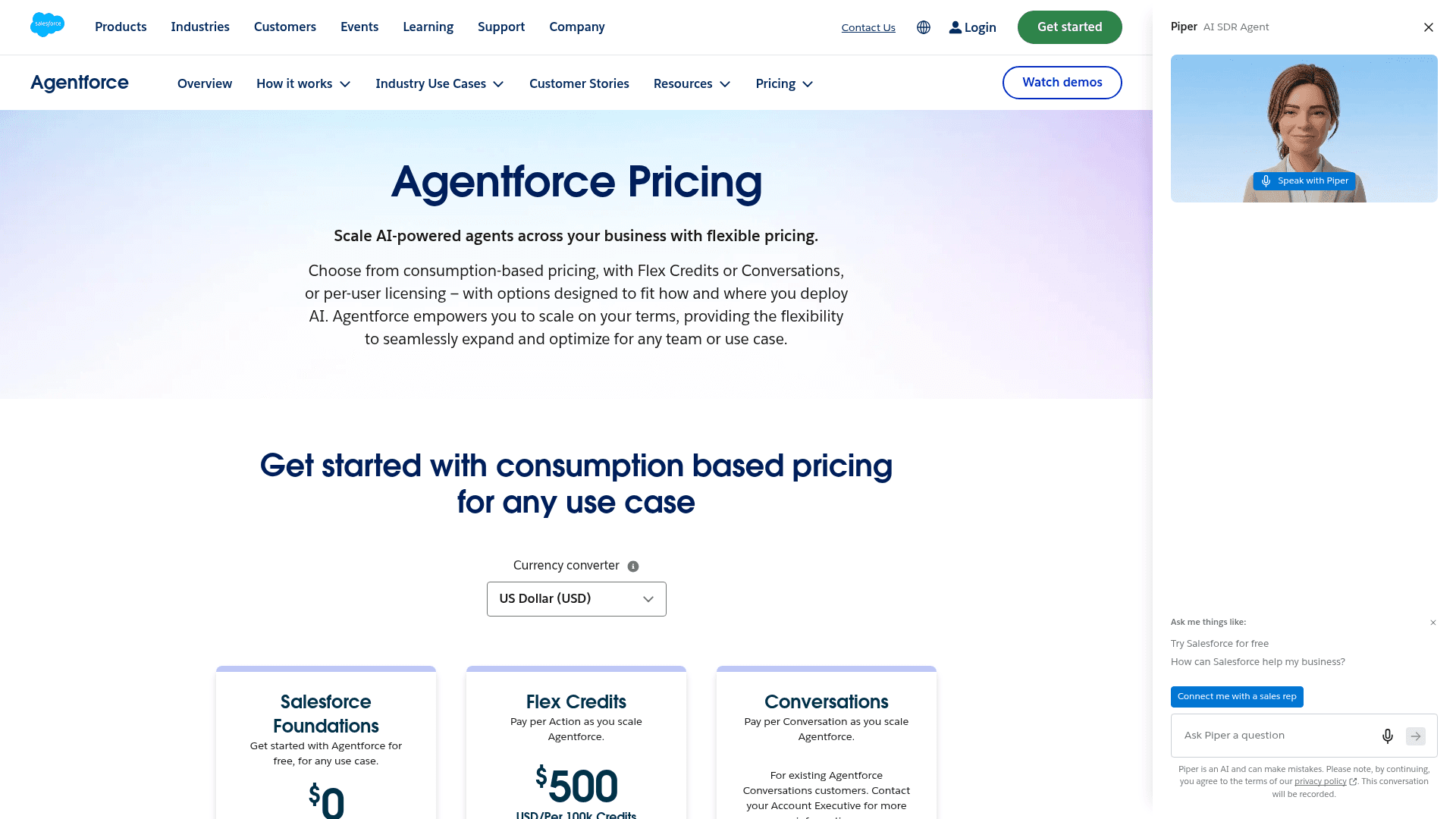 Salesforce's Agentforce pricing page, showing the consumption models: Foundations at $0, Flex Credits, and Conversations, as taken from Salesforce