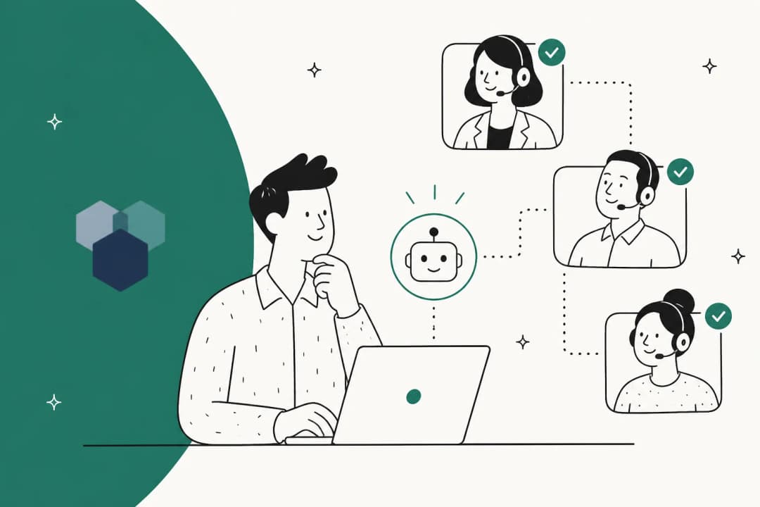 Hand-drawn illustration of a support lead reviewing AI-handled conversations across three channels