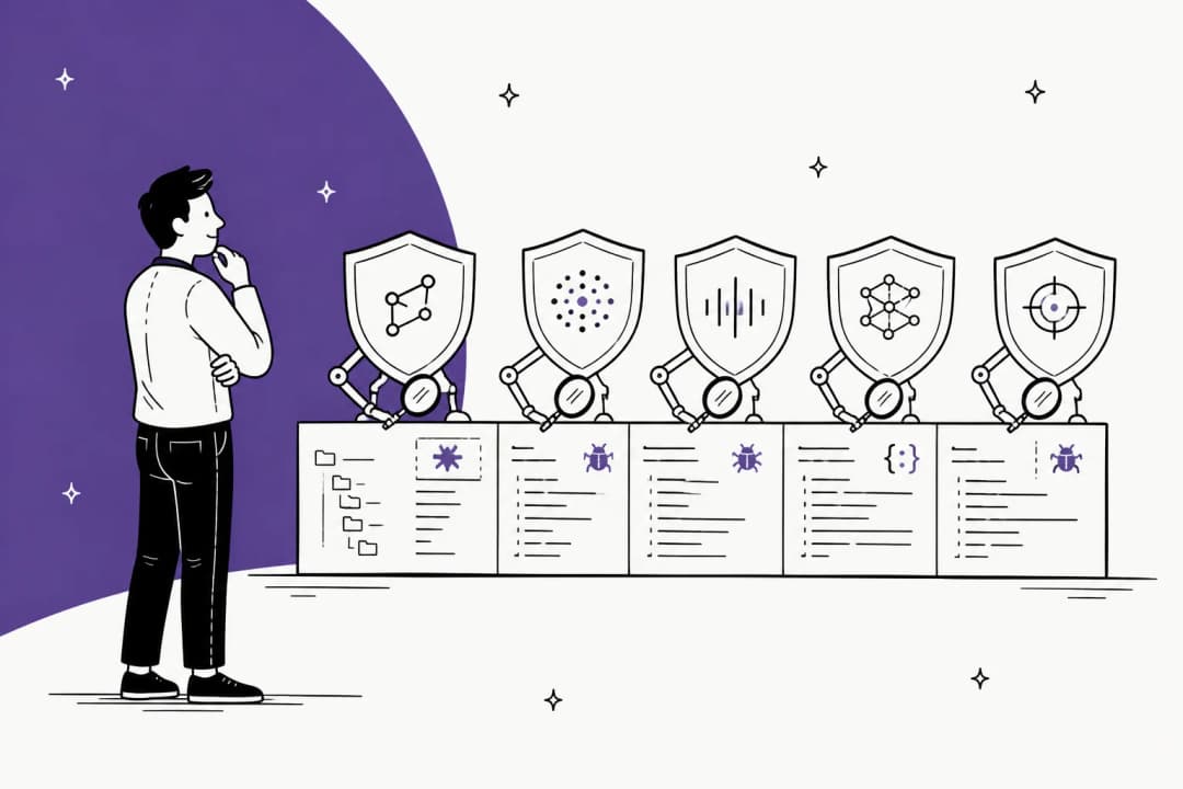 Hand-drawn illustration of a developer comparing five shield-shaped security scanners lined up on a code repository, each with a magnifying glass over a bug