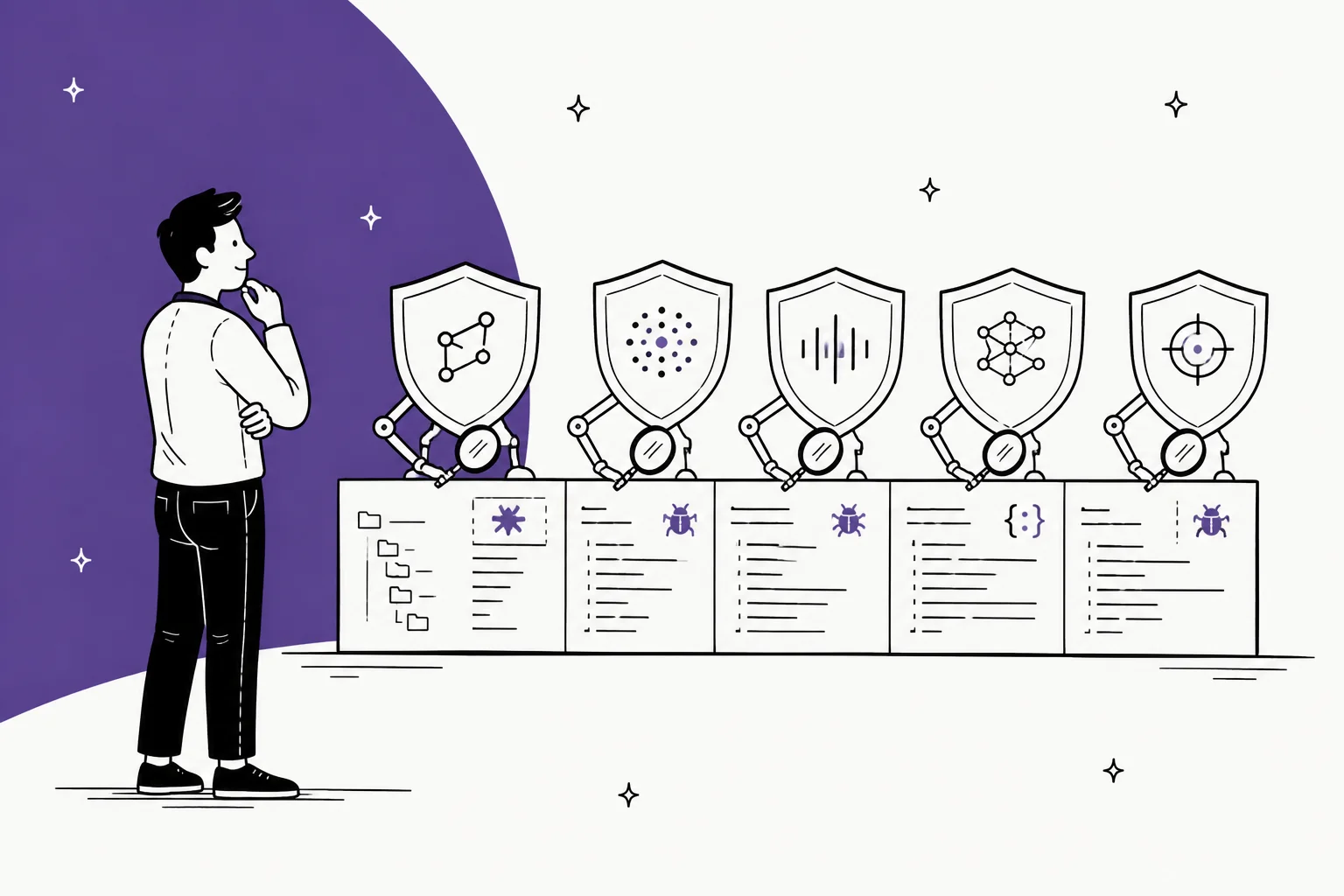 Hand-drawn illustration of a developer comparing five shield-shaped security scanners lined up on a code repository, each with a magnifying glass over a bug