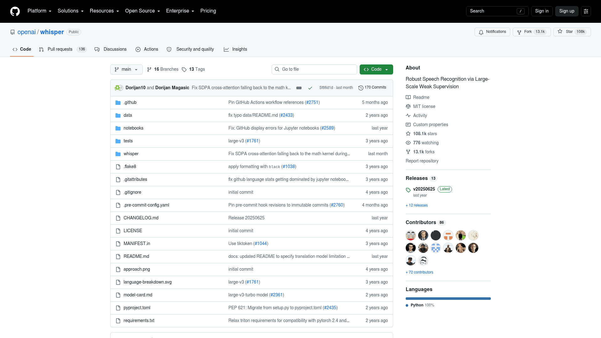 The OpenAI Whisper repository on GitHub showing the MIT license and 108k stars, as taken from GitHub