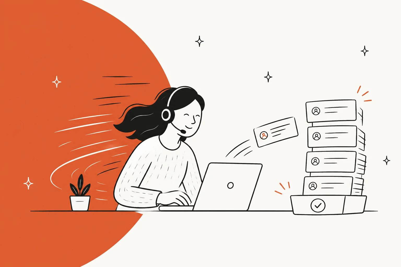 Hand-drawn illustration of a support agent at a laptop quickly clearing a stack of tickets, for a post on Claude Sonnet 5.5