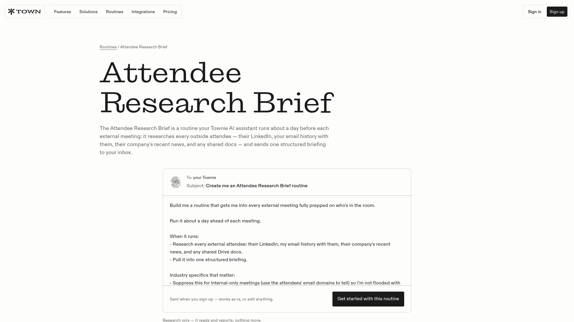 Town's Attendee Research Brief routine page, describing research on every outside attendee about a day before each external meeting, as taken from Town's site