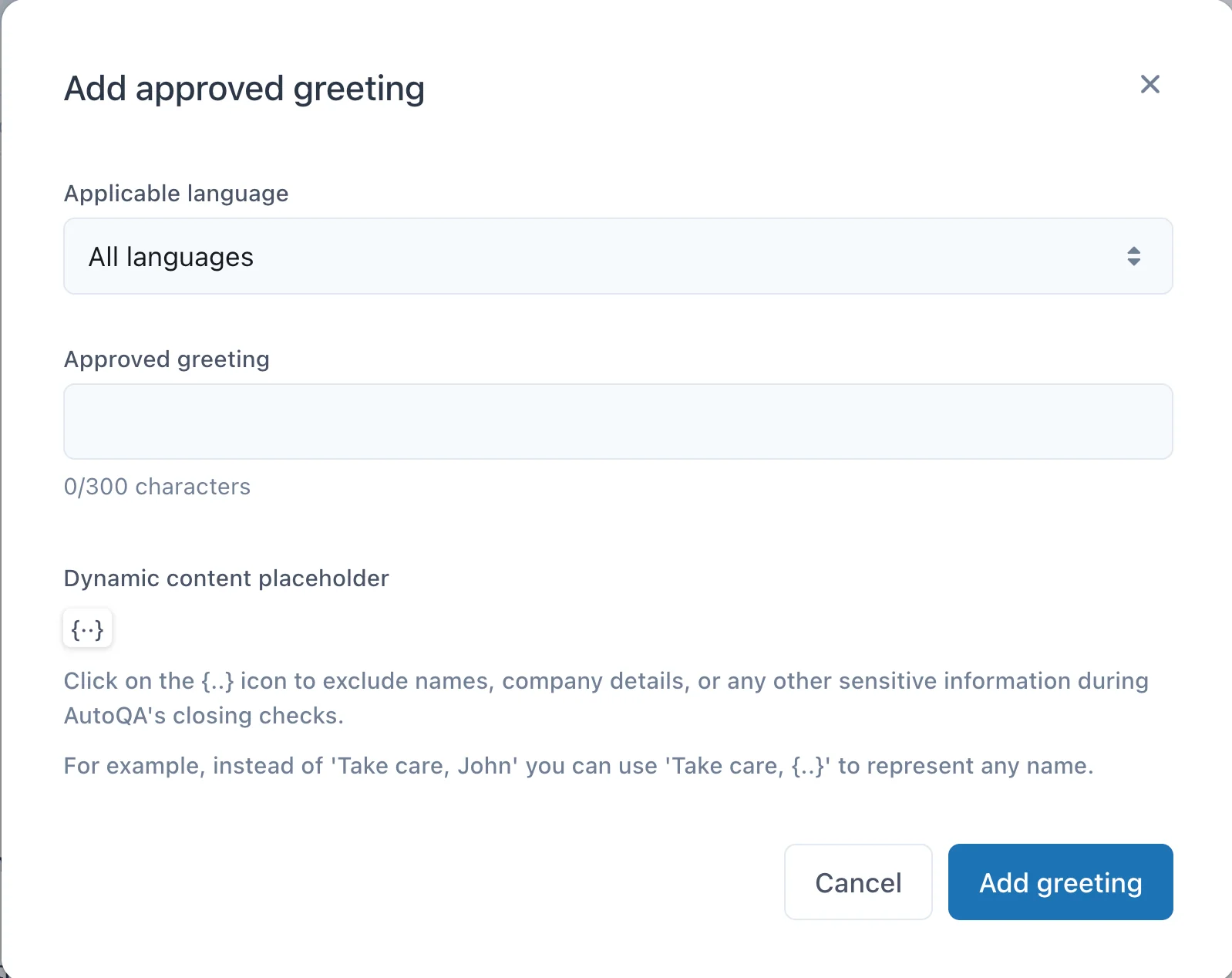The Zendesk QA Add approved greeting dialog with an Applicable language dropdown set to All languages and a 300-character greeting field, as taken from Zendesk's help center