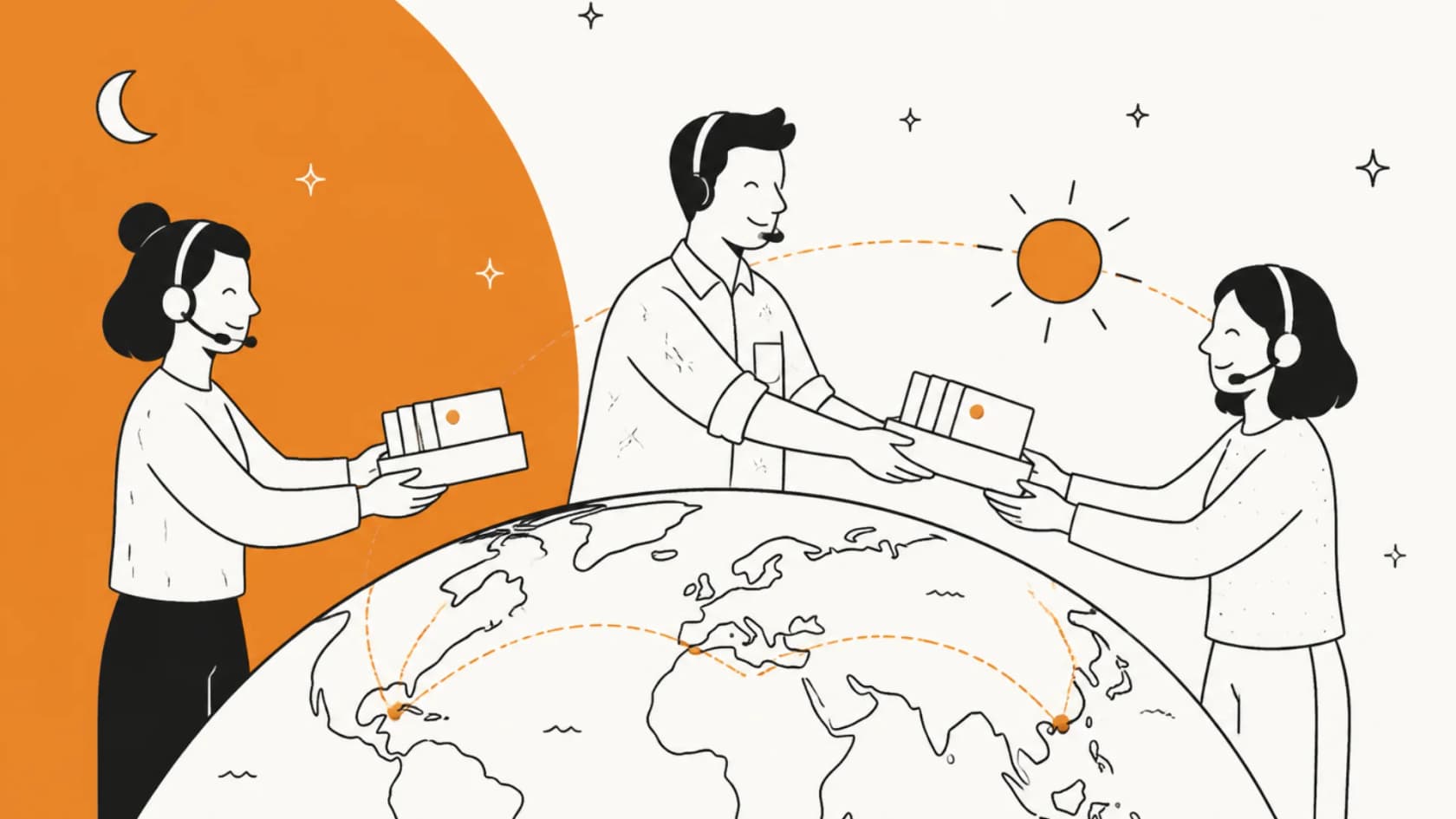 Hand-drawn illustration of three support agents on a globe passing a box of tickets to each other as the sun and moon move across the sky