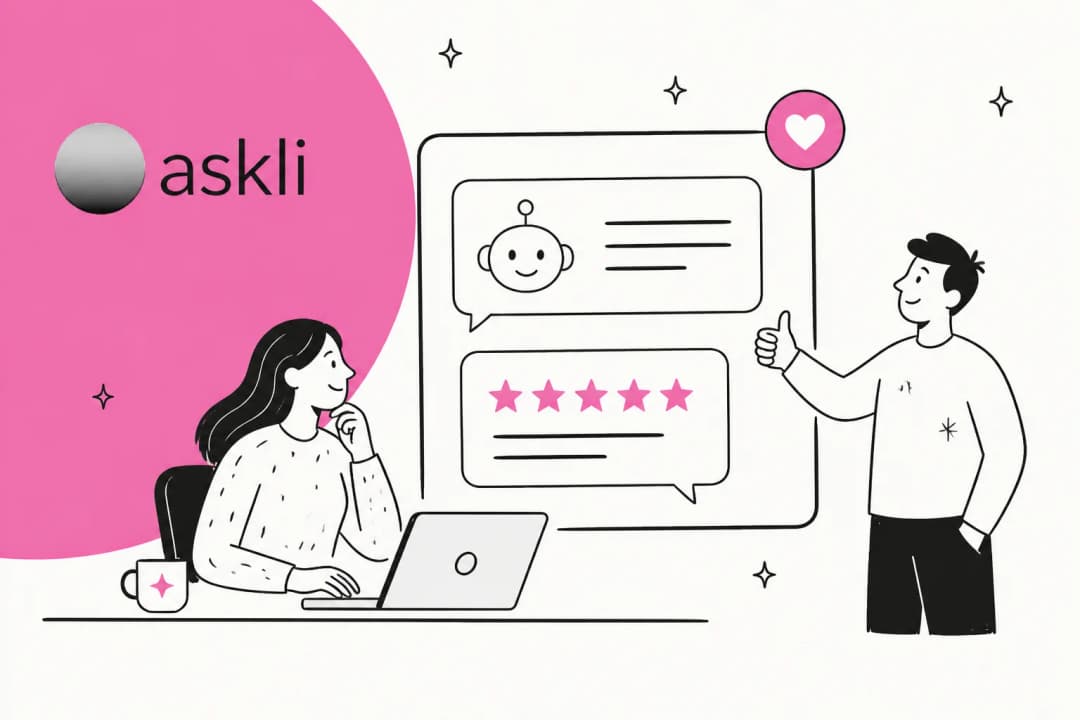 Askli review illustration showing an AI support chatbot answering customer questions