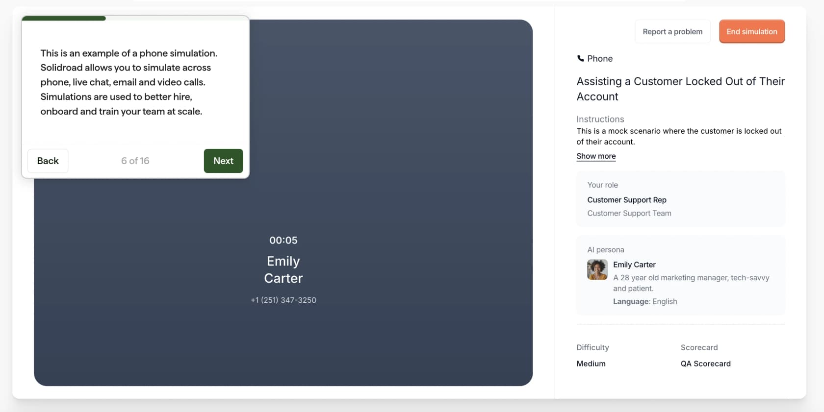 Solidroad phone simulation for a customer locked out of their account, with the AI persona card, difficulty and QA scorecard on the right, as shown on G2