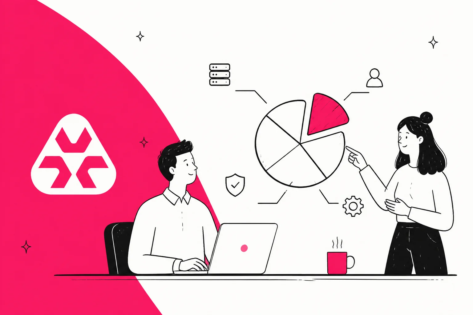 Illustration of two IT staff reviewing a pie chart of Atera subscription costs