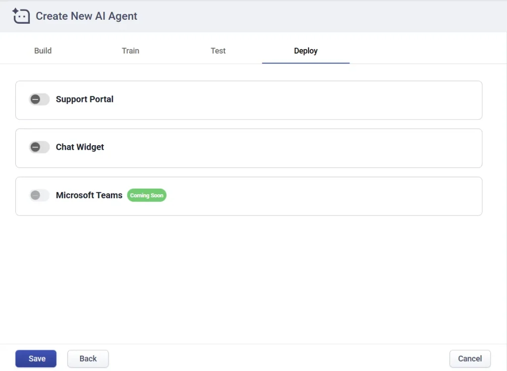 Desk365 AI Agent Deploy screen showing Support Portal and Chat Widget toggles alongside a greyed-out Microsoft Teams option badged Coming Soon, as taken from the Desk365 help center
