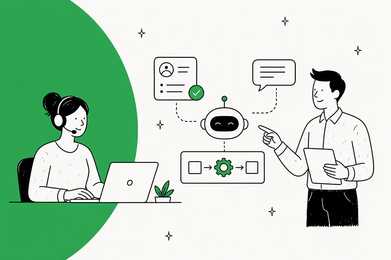 Illustration of AI being added to a ServiceNow ITSM and customer service workflow