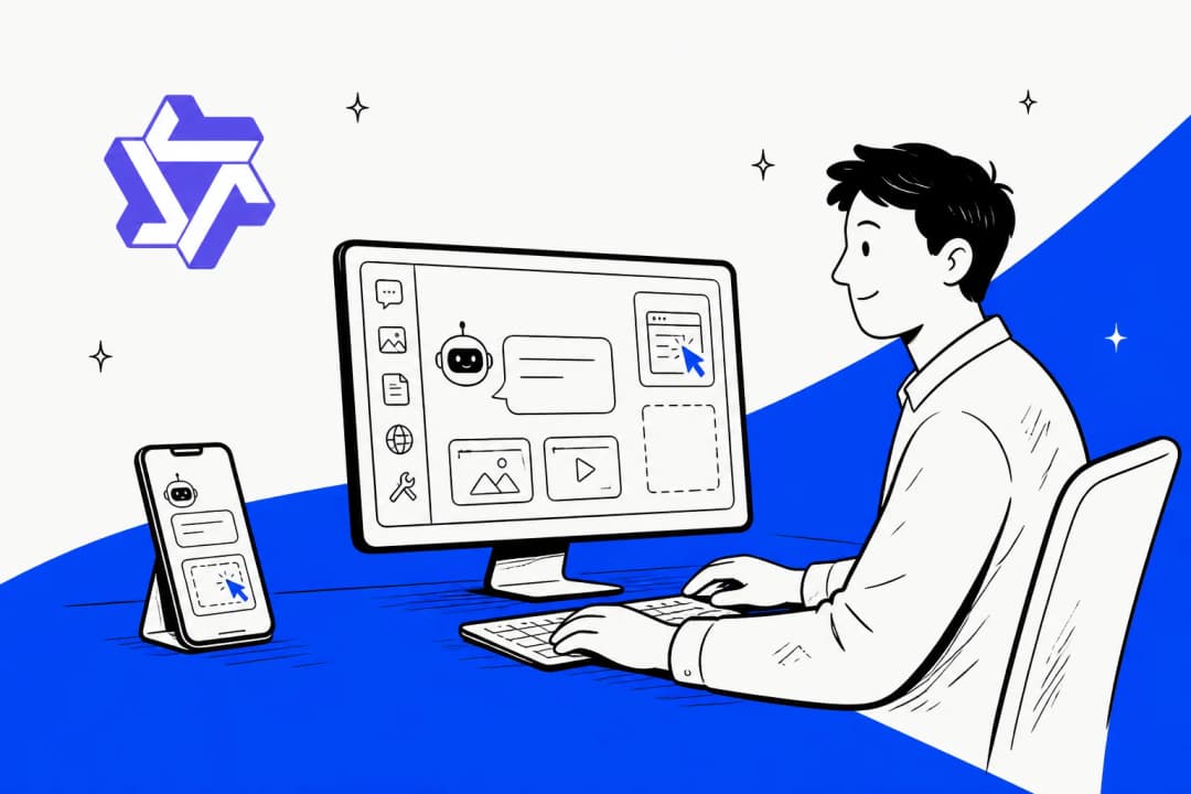 Illustrated hero banner showing a person at a desk watching an AI cursor click through both a phone screen and a desktop interface