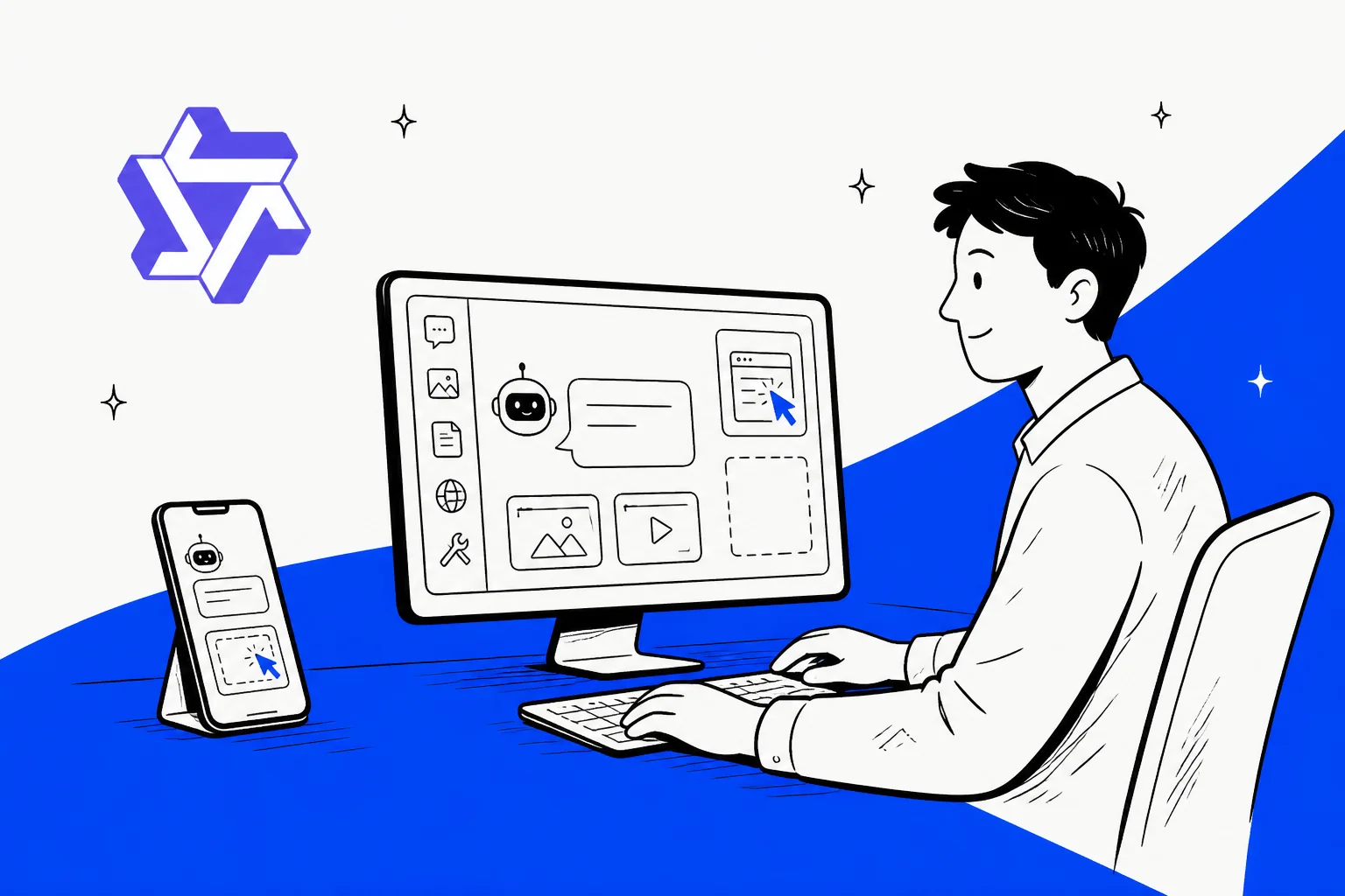 Illustrated hero banner showing a person at a desk watching an AI cursor click through both a phone screen and a desktop interface
