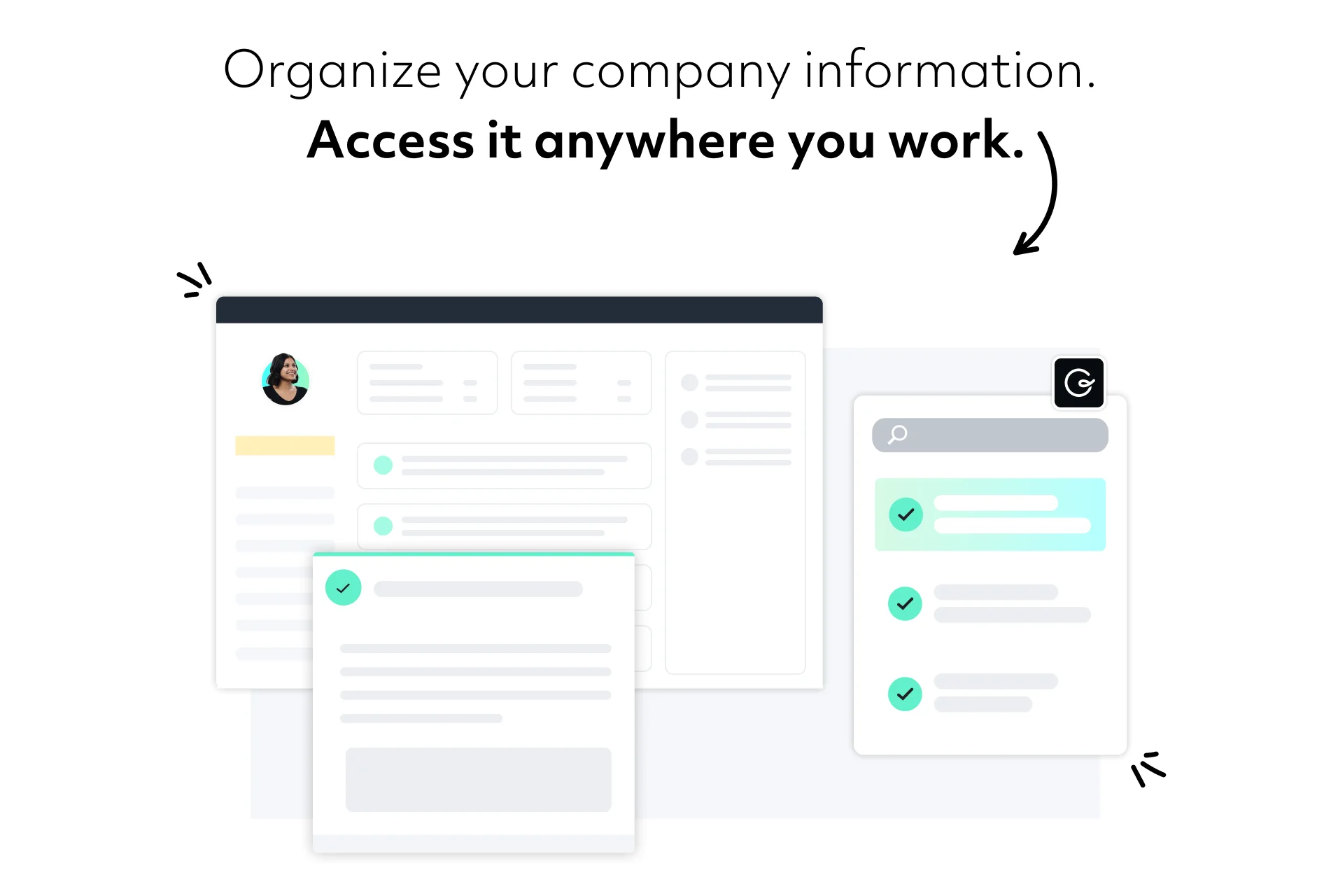 The Guru knowledge management interface showing organized company information and search