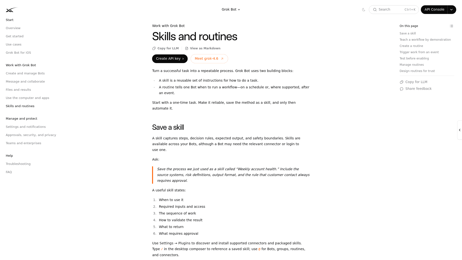 The Grok Bot skills and routines documentation, as taken from docs.x.ai