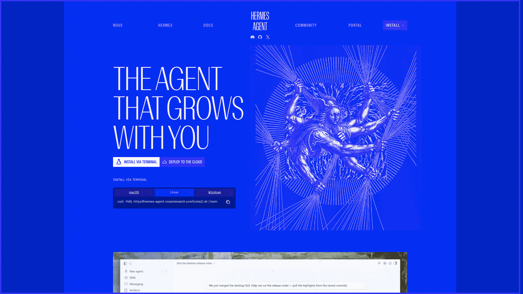 The Hermes Agent homepage with its "The agent that grows with you" headline and install options for macOS, Linux and Windows, as taken from Nous Research