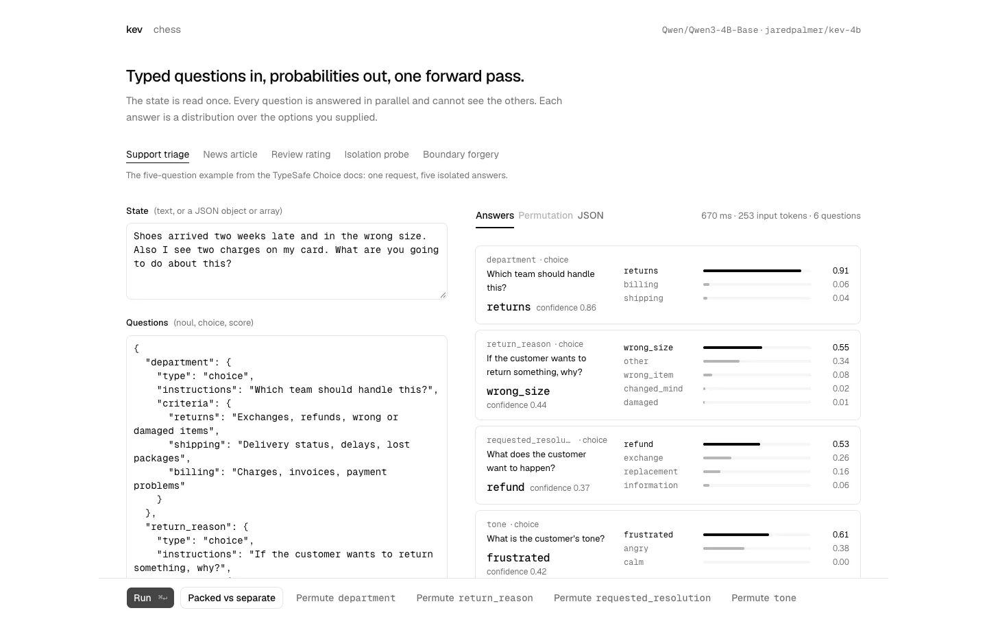 Kev's playground running the same support triage ticket, with Kev-4B picking returns at 0.91 and billing at 0.06 in 670 ms, as taken from Kev on GitHub